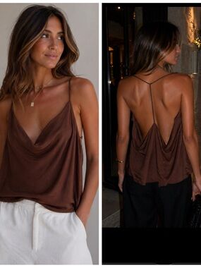 Express Brown Satin Cowl Neck Open Back Camisole Top Large NWT